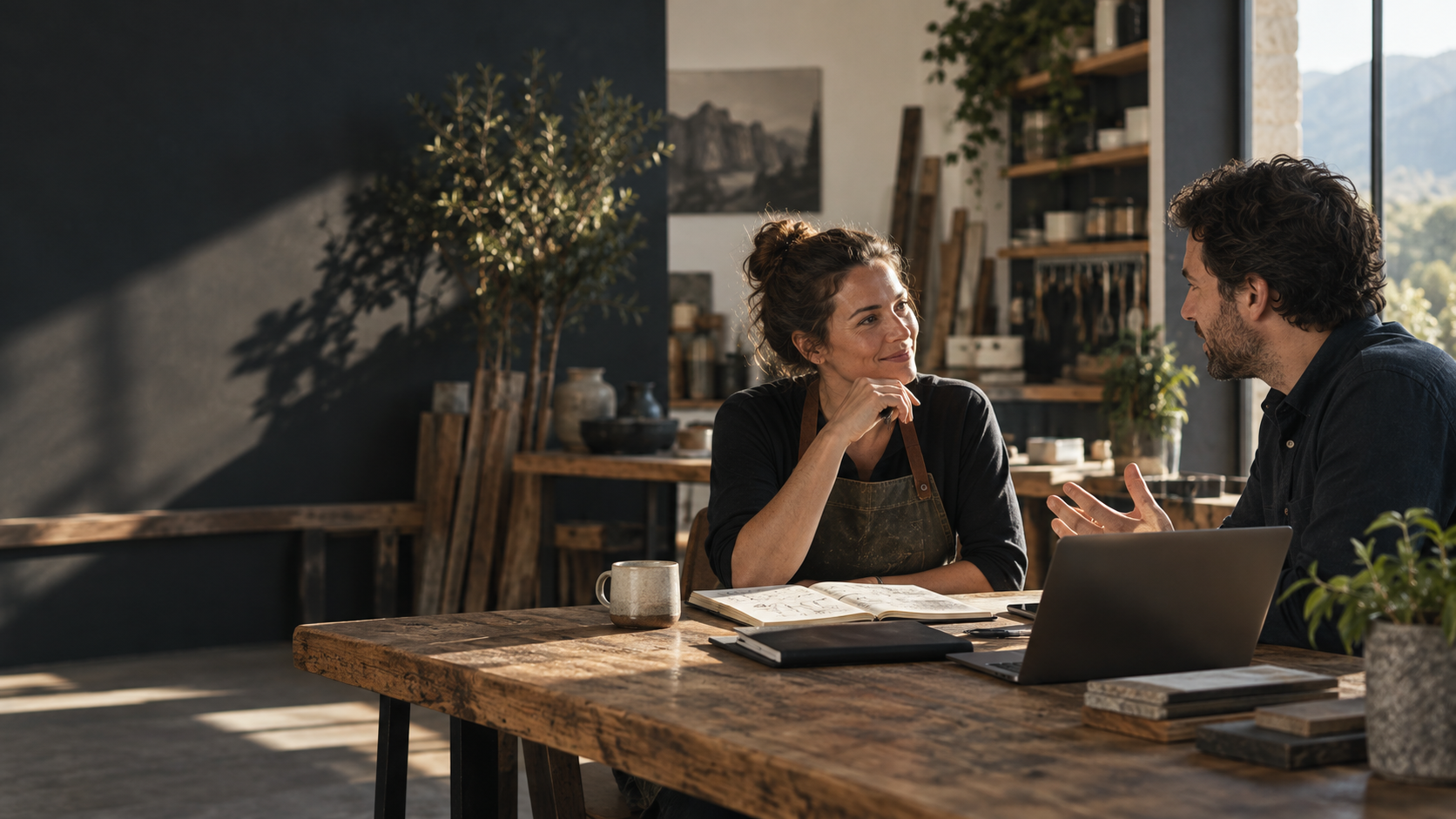 A small-business owner and Bit-Forged partner discussing the business and identifying opportunities to improve it.